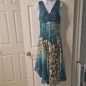 Dressbarn Teal and Brown Asymmetrical Dress - Size 8 - Fit and Flare